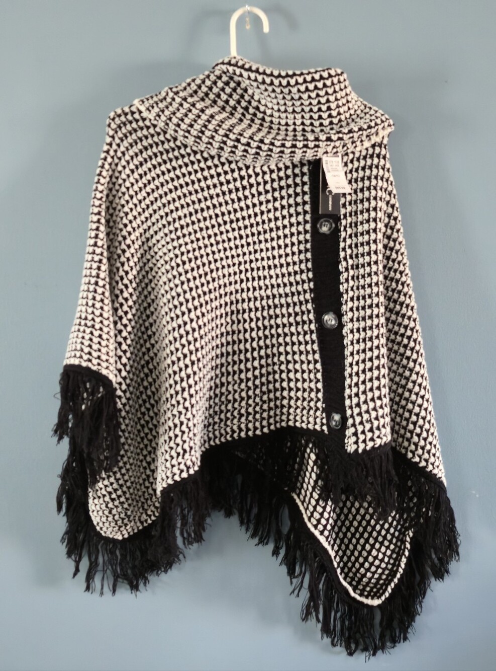 NWT Black & White Fringe Knit Poncho Sweater